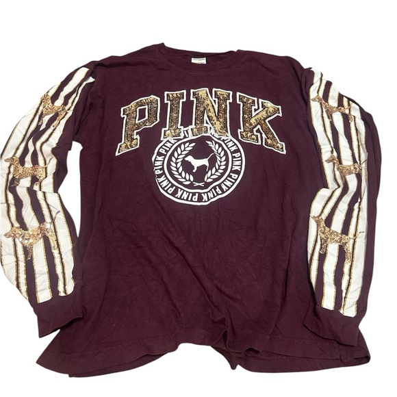 PINK Victoria's Secret Tops - PINK Victoria’s Secret Bling Sequin Logo Long Sleeve Tee | Maroon & Gold Medium